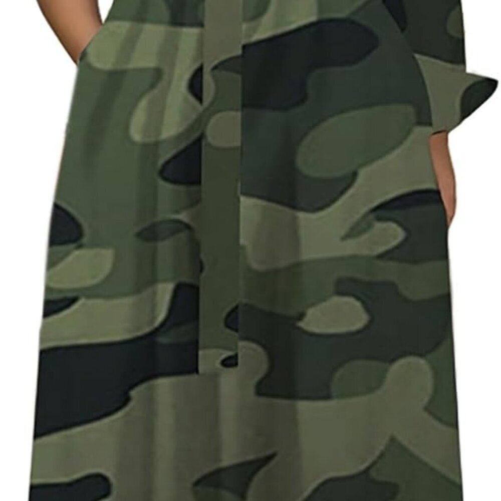 Plus Size Camo Maxi Dress Women Stretchy Flowing Elegant Casual Formal